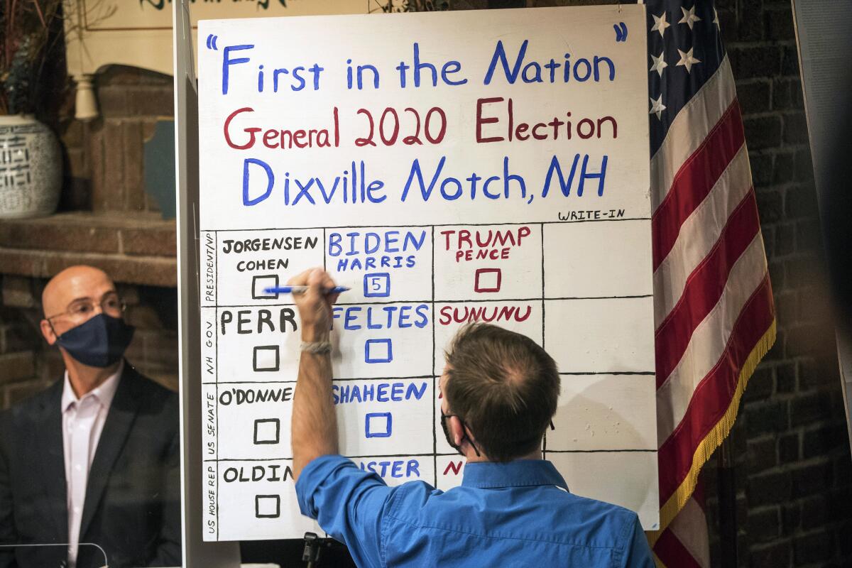 A man tallies the five ballots cast just after 12:00 a.m. Tuesday in Dixville Notch, N.H.