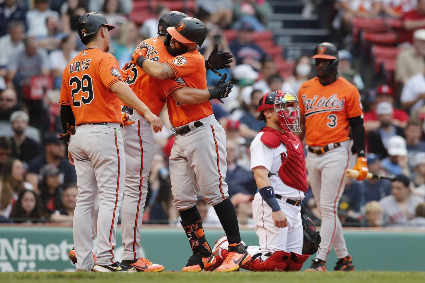 Baltimore Orioles Rougned Odor celebrates after hitting a 3-run