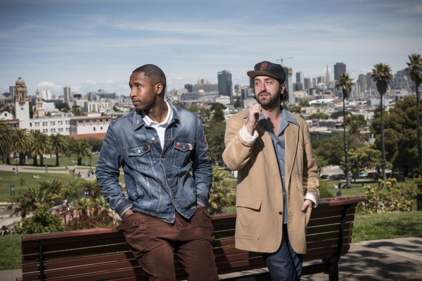 Jimmie Fails, left, and Joe Talbot, at Dolores Park in San Francisco, co-wrote "The Last Black Man of San Francisco," loosely based on Fails' life.