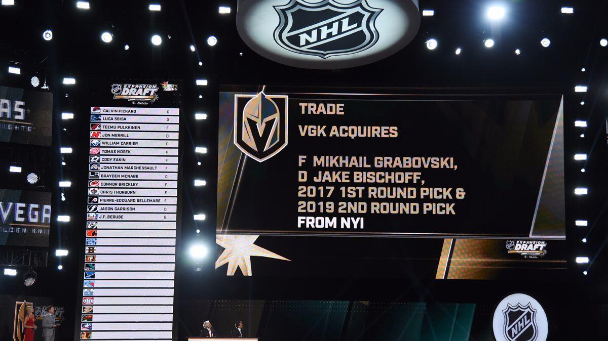 A trade is announced between the Vegas Golden Knights and the New York Islanders during the 2017 NHL awards and expansion draft at T-Mobile Arena on Wednesday in Las Vegas.