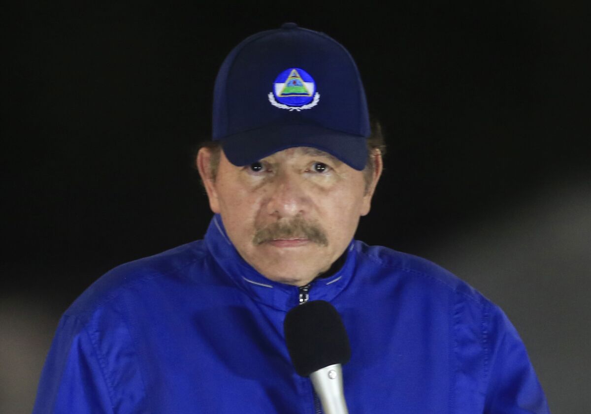 FILE - In this March 21, 2019 file photo, Nicaragua's President Daniel Ortega speaks during the inauguration ceremony of a highway overpass in Managua, Nicaragua. The U.S. State Department said Thursday, Oct. 14, 2021, that next month’s presidential elections in Nicaragua “have lost all credibility” because of President Ortega’s arrests of critics and seven potential challengers. (AP Photo/Alfredo Zuniga, File)