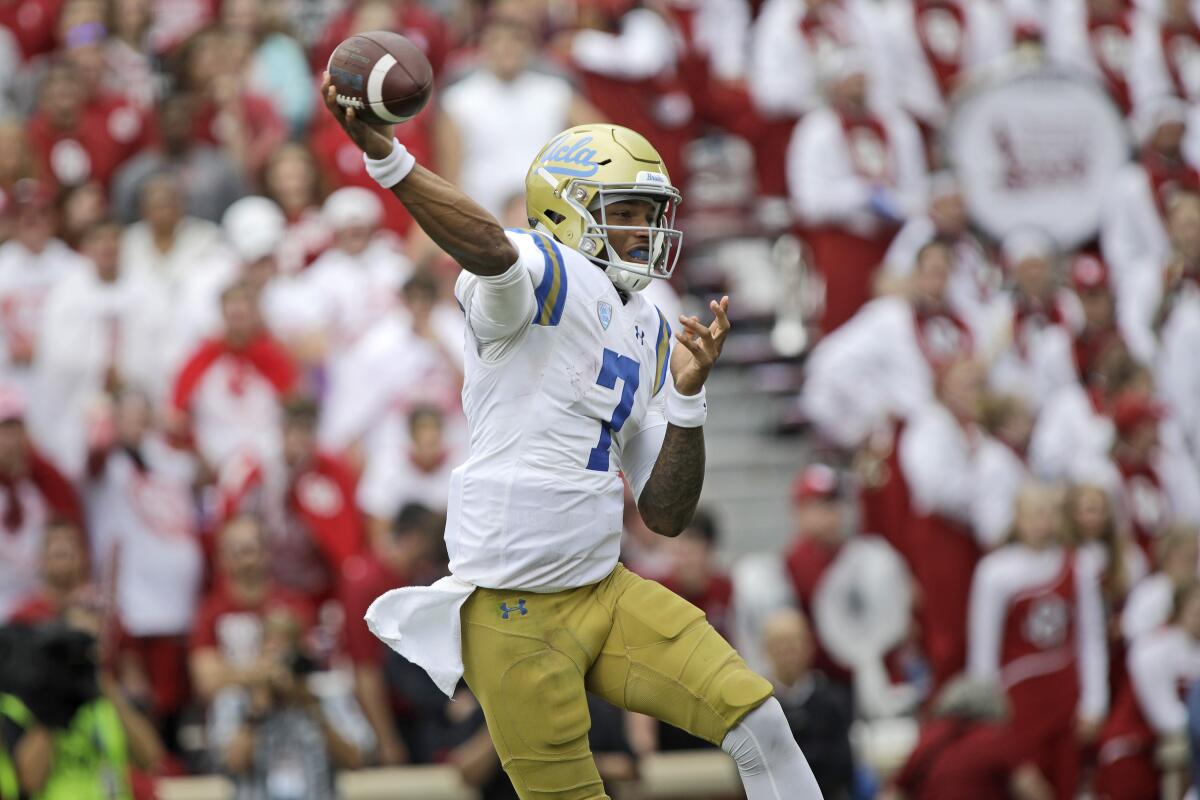 UCLA quarterback Dorian Thompson-Robinson slings a pass against Oklahoma in September 2018.