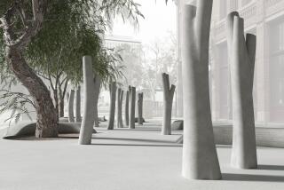 An architectural rendering shows ghostly trees cast out of concrete amid real ones on a city street.