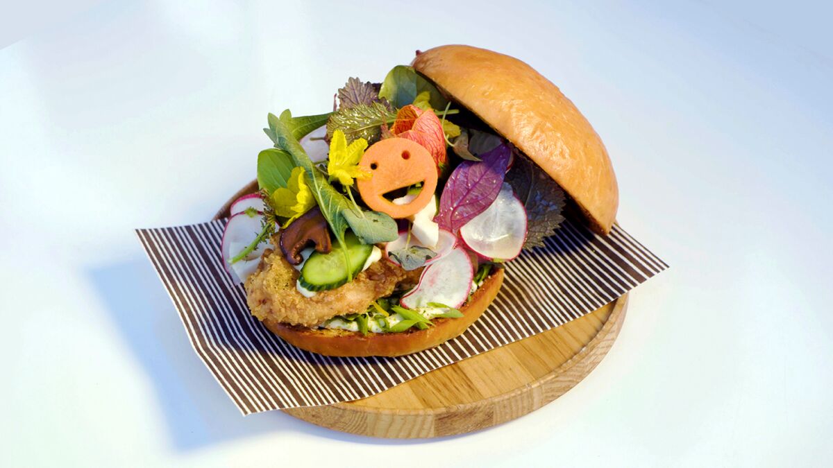 The fried chicken sandwich that emerged from a mind-meld between Jordan Kahn of Vespertine and Zaiyu Hasegawa of Den in Japan