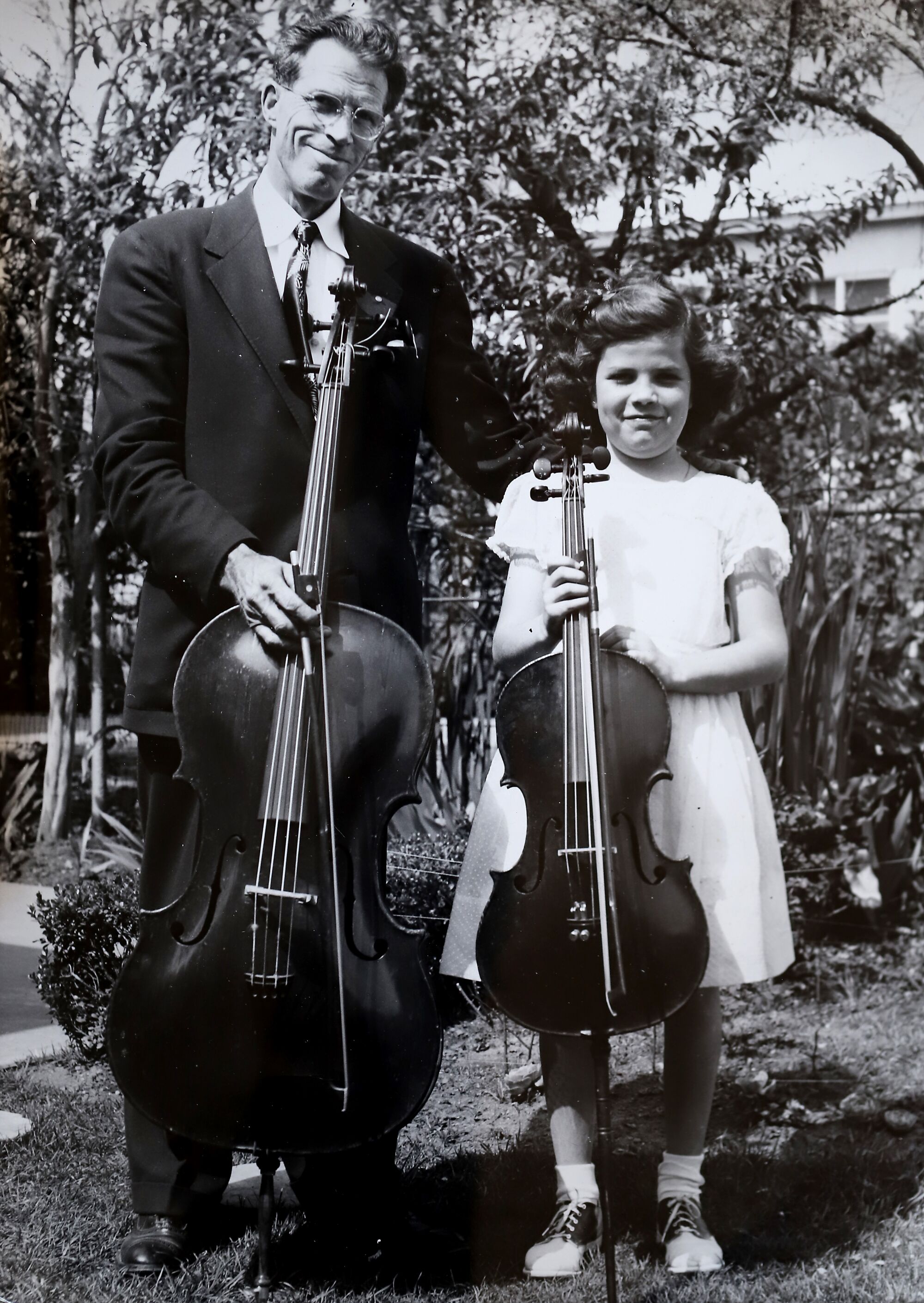 Christine Walevska with her father, Hermann. She is holding a rare Bernardel cello that was stolen in 1976.