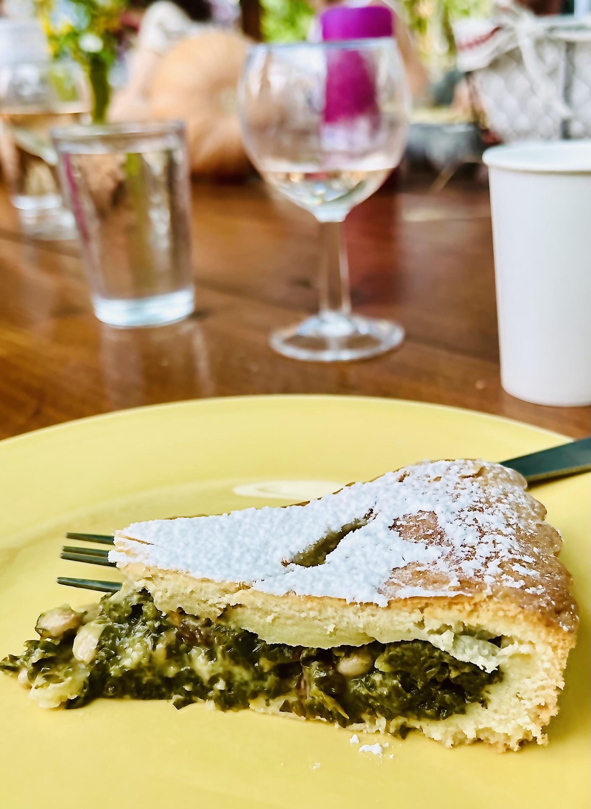 A slice of Rosa Jackson's tourte de blettes sucrée (sweet chard cake).