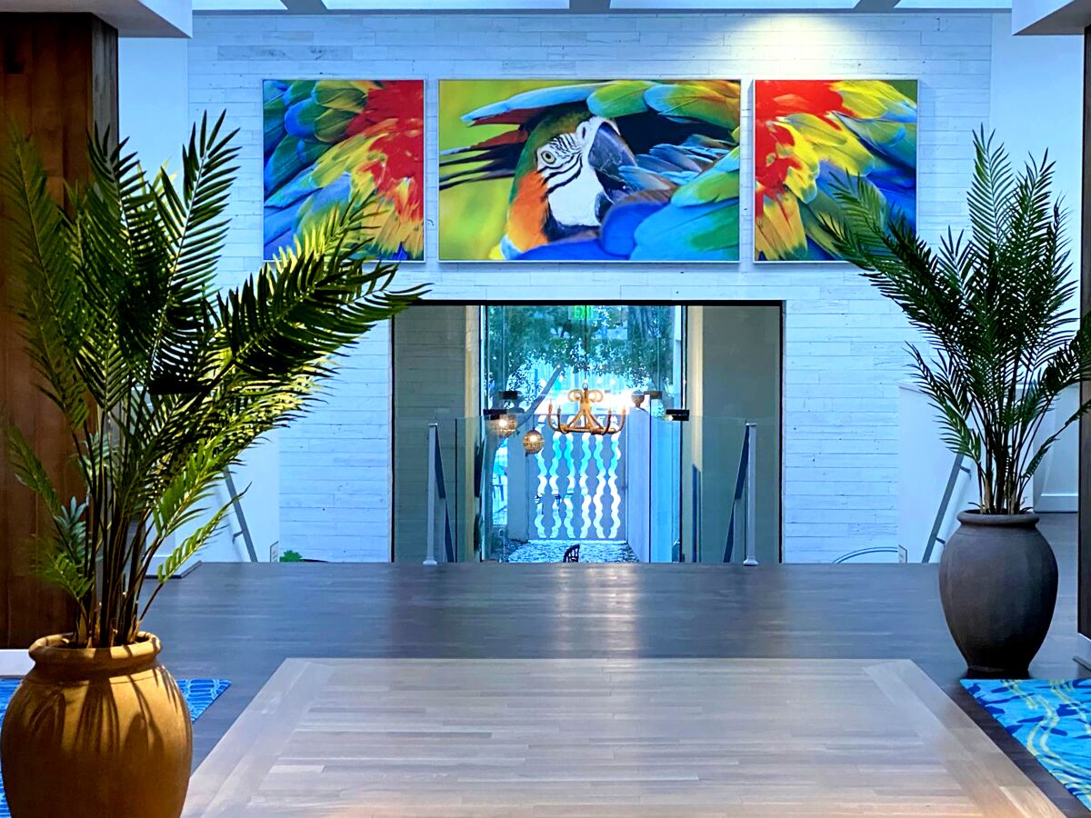 A hotel public space with palm trees and a painting of a parrot.