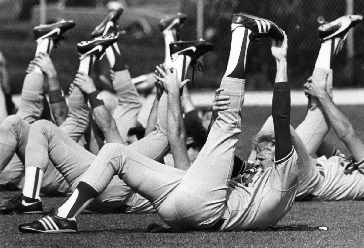 March 1, 1987: Dodgers pitcher Jerry Reuss and teammates stretch during training in Vero Beach, Fla.