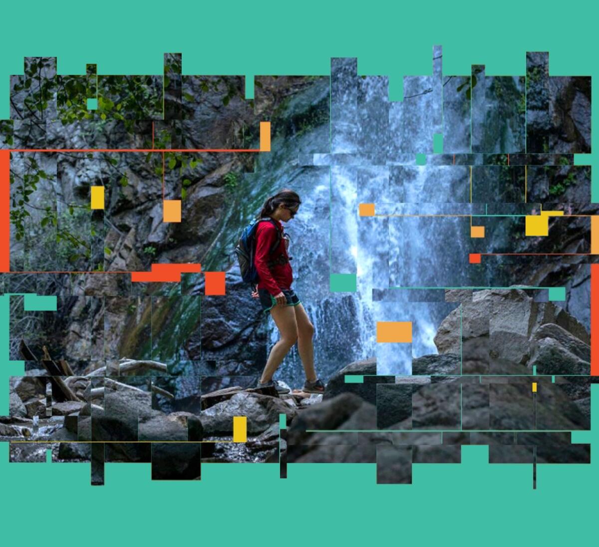 A hiker traverses Sturtevant Falls in Angeles National Forest.