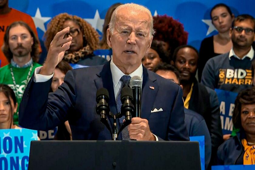 Speaking to the National Education Assn. on Friday, Biden declared that "democracy itself is on the ballot" in November. (Associated Press)