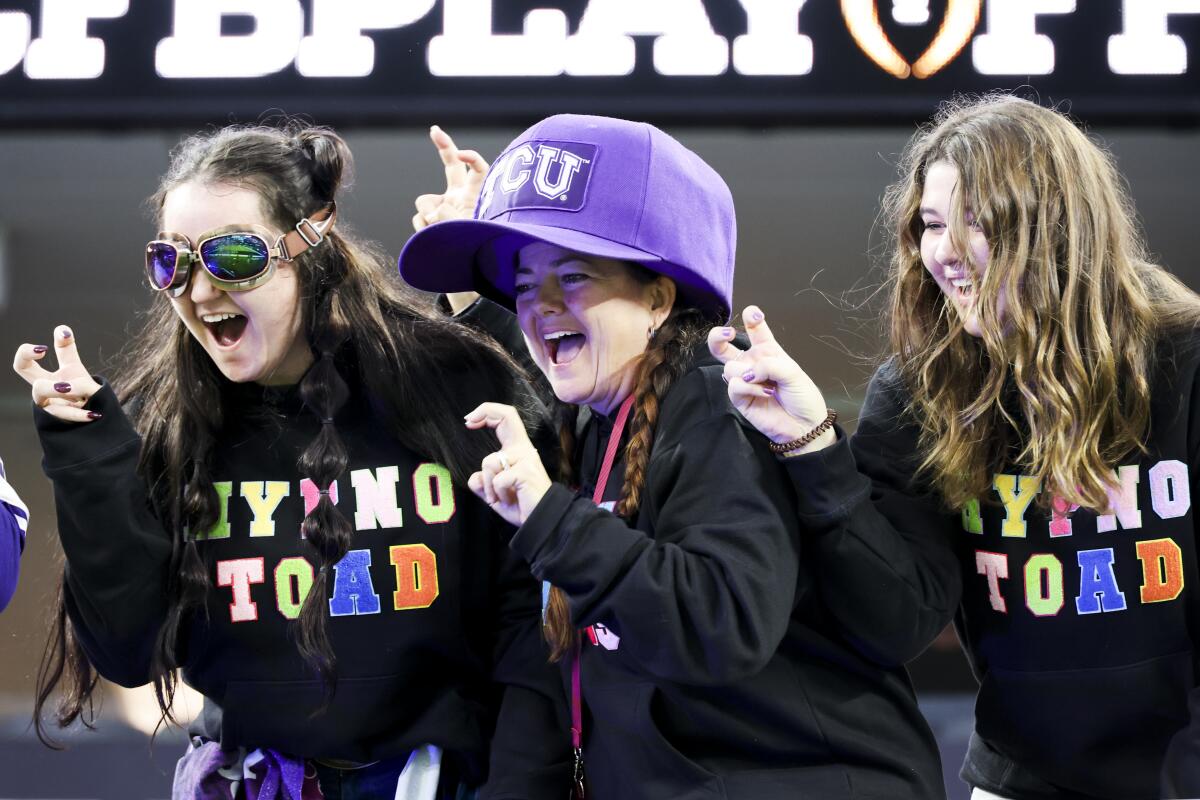 TCU fans cheer on the Horned Frogs before Monday's national championship game at SoFi Stadium.