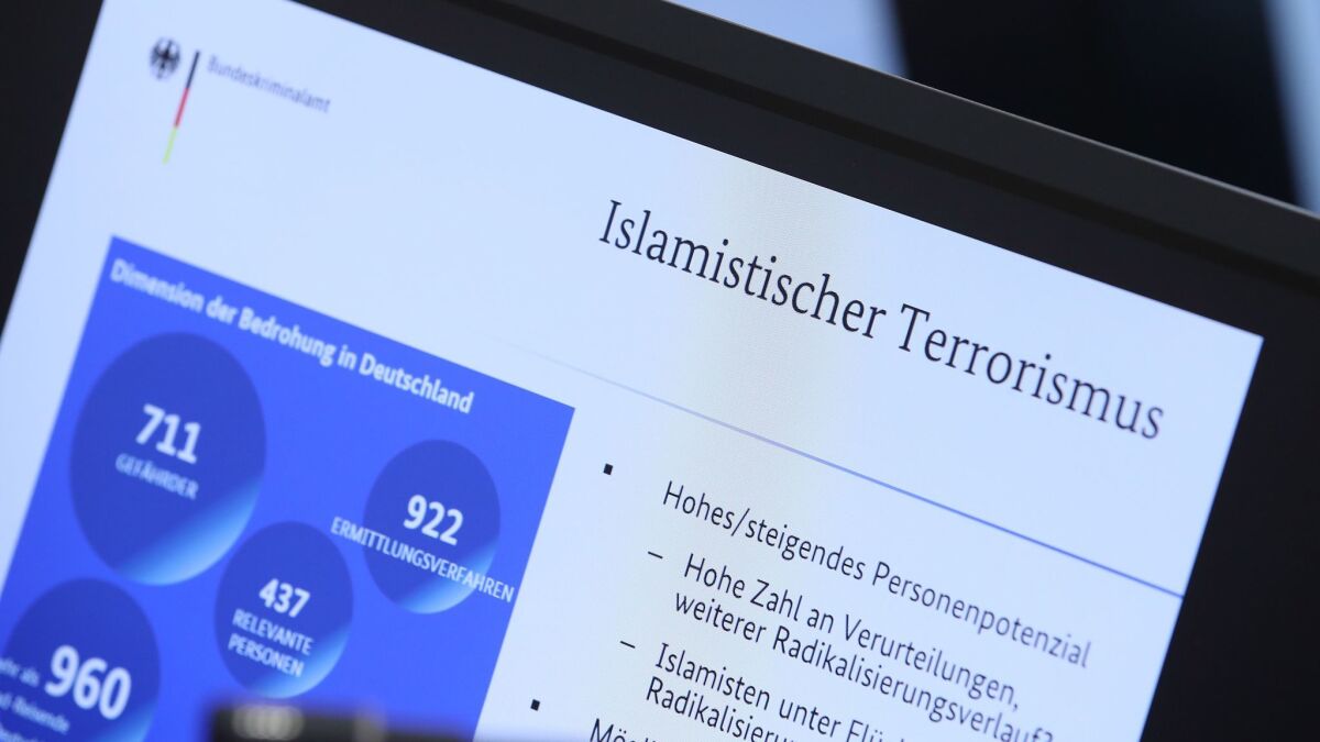 A computer monitor shows a presentation of Islamic terrorism at a meeting about the current state of Islamic terrorism at the GTAZ anti-terror center in Berlin, Germany on Nov. 30, 2017.