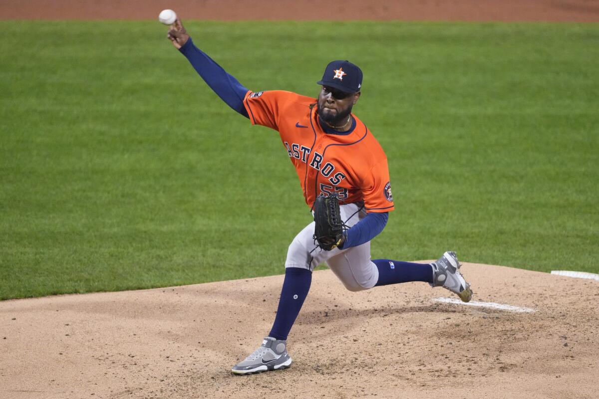 Houston Astros starting pitcher Cristian Javier throws during the second inning in Game 4 of the World Series.
