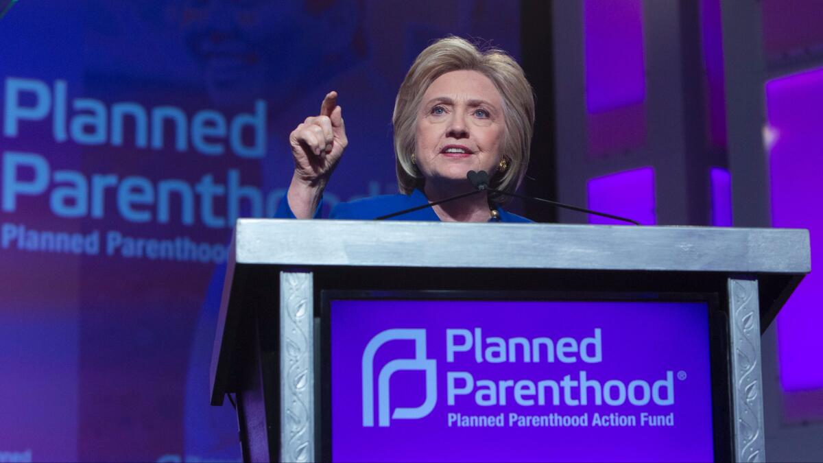 Democratic presidential nominee Hillary Clinton addresses the Planned Parenthood Action Fund in Washington last month.