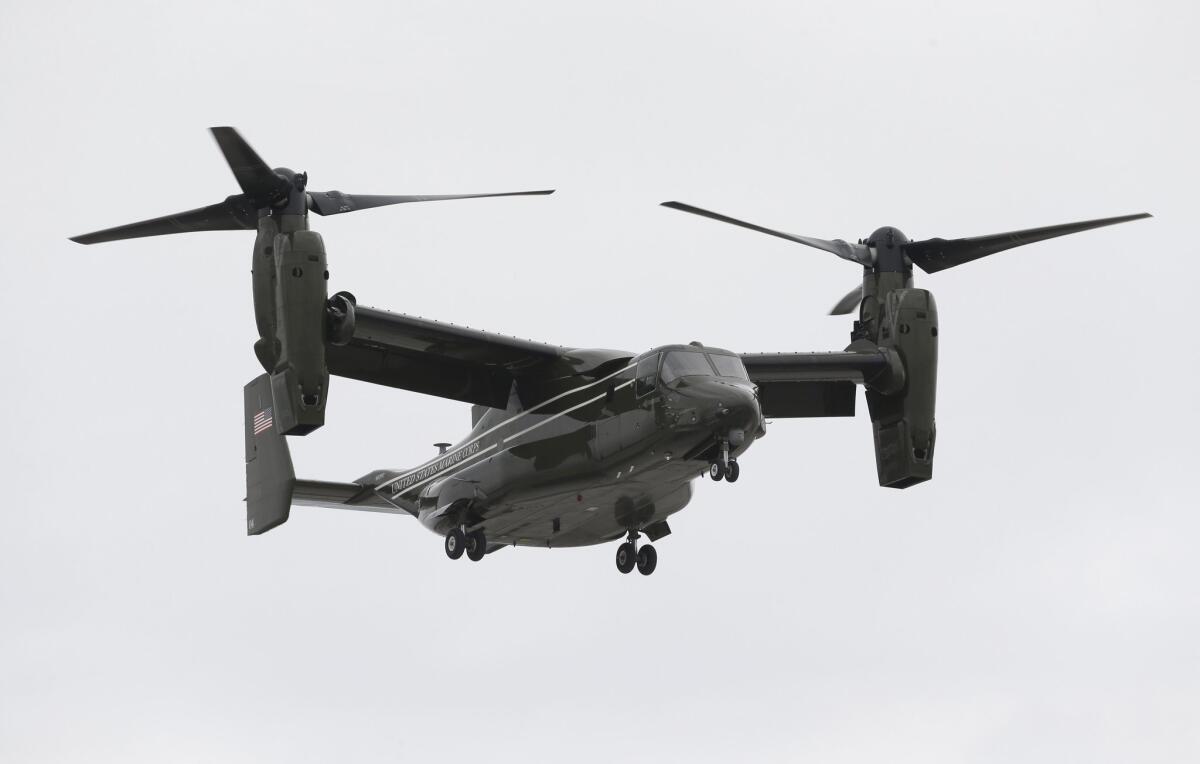 A Marine Corps MV-22 Osprey comes in for a landing at Miami International Airport recently.