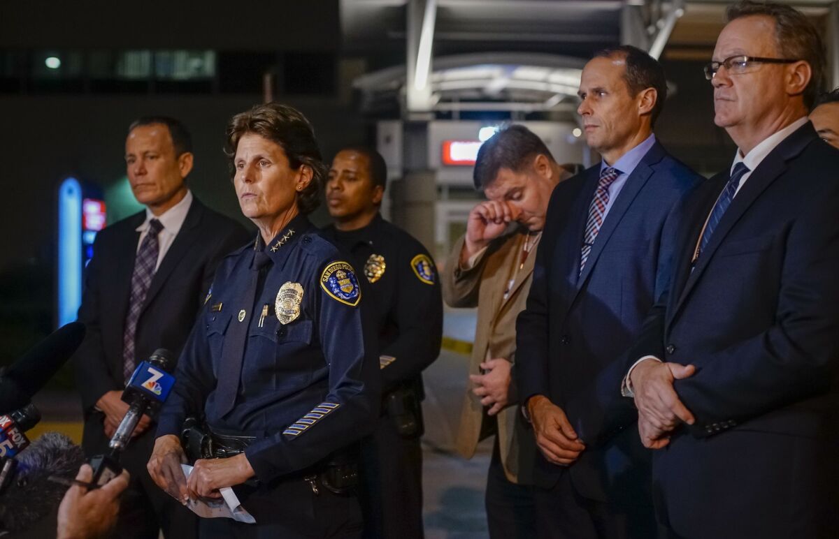 Early Friday morning, San Diego Police Chief Shelly Zimmerman announces at Scripps Mercy Hospital that two San Diego police officers were shot, one fatally, in the Southcrest neighborhood of San Diego late Friday night. — David Poller