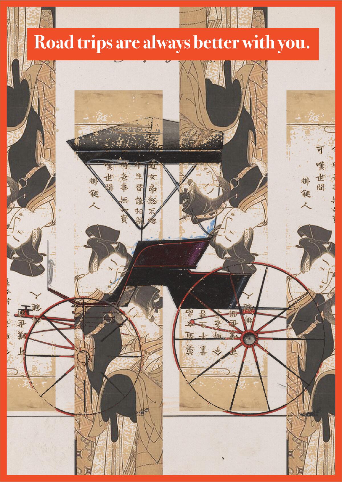 Collage featuring Isoda Koryūsai's "Lovers" & Brewster & Co.'s carriage with phrase "Road trips are always better with you."