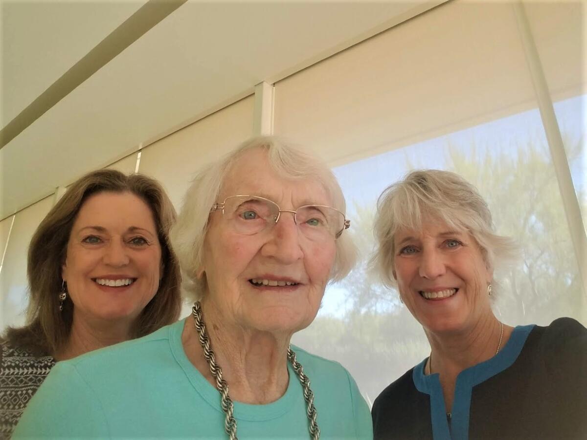 Jeanne Keevil, center, with daughters Katie Essick, left, and Connie Quinley in 2020.