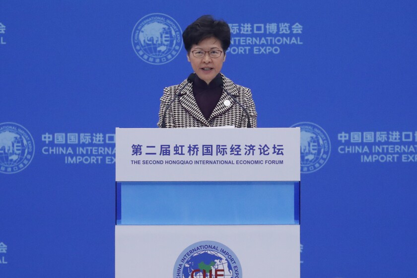 Hong Kong Chief Executive Carrie Lam delivers a speech at the second Hongqiao International Economic Forum of the 2nd China International Import Expo in Shanghai on Nov. 5, 2019.