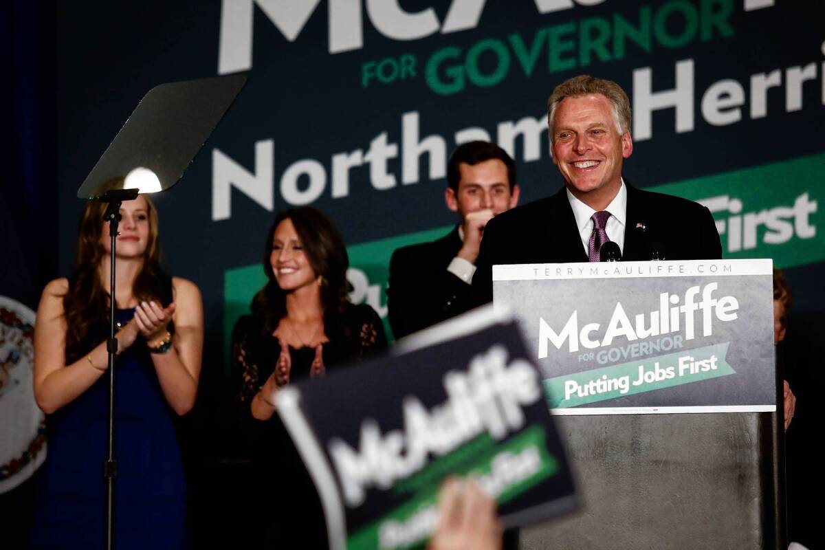 Terry McAuliffe, Virginia's governor-elect, speaks to supporters in Tysons Corner, Va., on election night. He beat tea party Republican Ken Cuccinelli in a close contest.