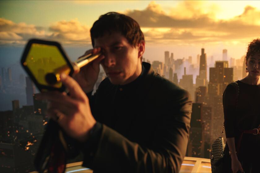 A man on the roof of a skyscraper looks through a spyglass as a woman looks on.