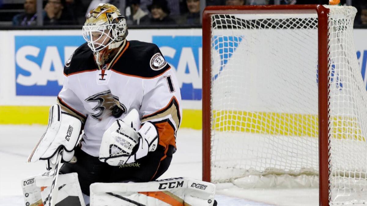 Ducks goalie Jonathan Bernier makes a save against the Sharks during an exhibition game on Oct. 5.