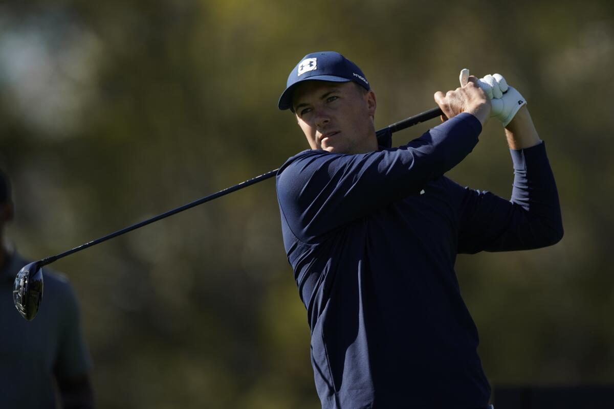 Jordan Spieth tees off on No. 17 in the second round of the Genesis Invitational at Riviera Country Club on Feb. 19, 2021.