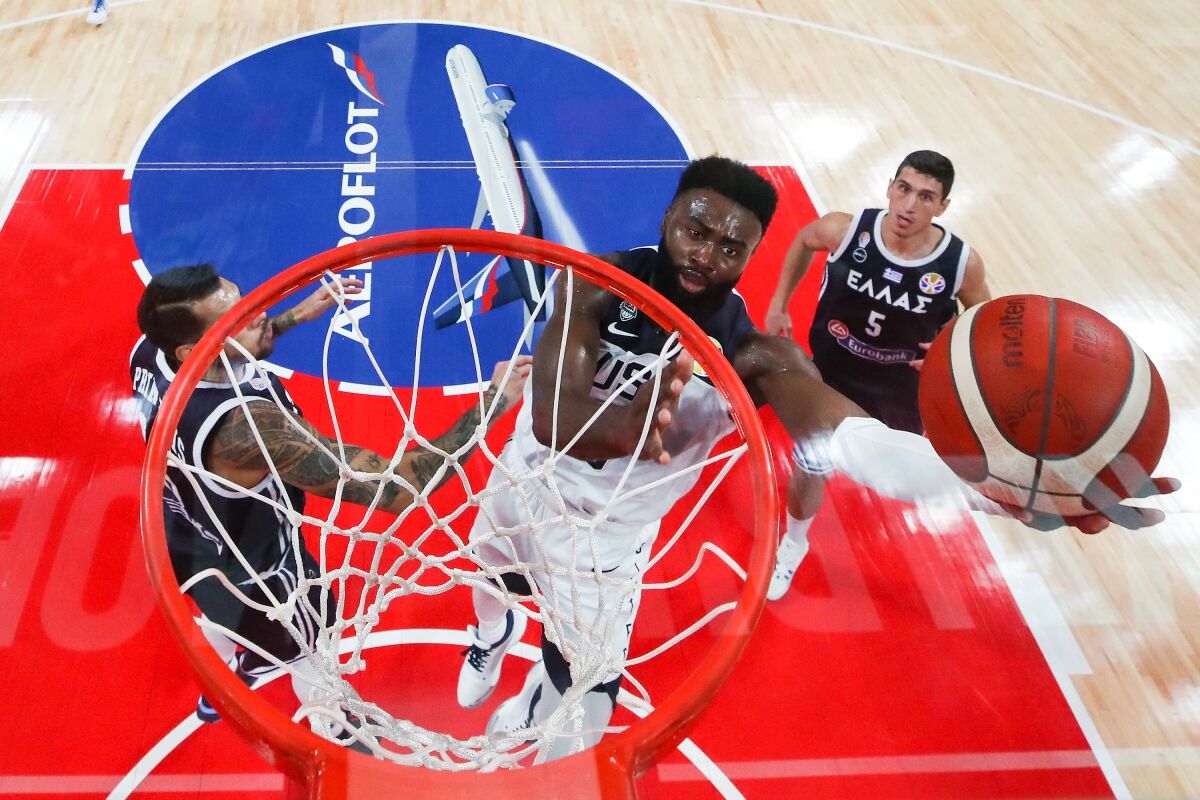 U.S. forward Jaylen Brown drives for a layup against Greece on Saturday in a FIBA World Cup game.