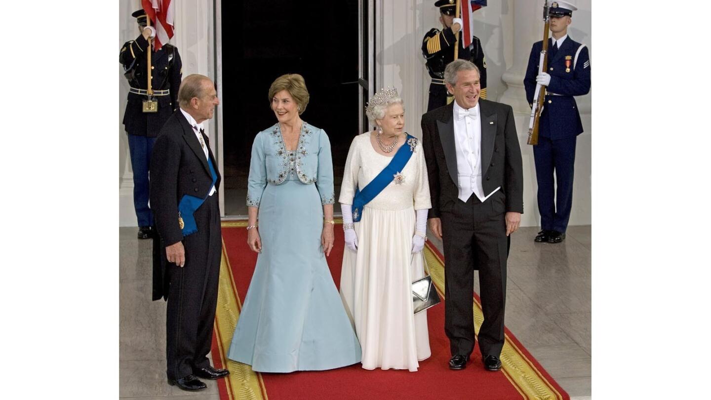 Queen Elizabeth II and Prince Philip with President George W. Bush and First Lady Laura Bush at the White House in May 2006.