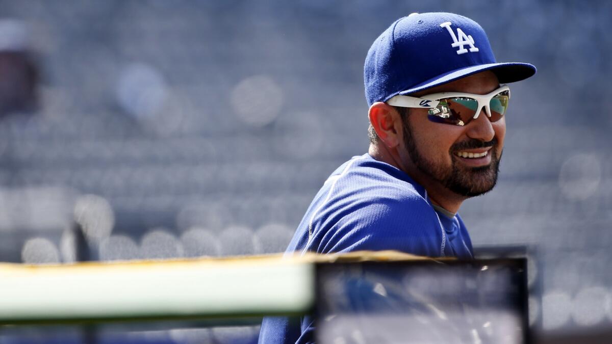 Dodgers first baseman Adrian Gonzalez is all smiles before a game against his former team, the San Diego Padres, on Saturday at Petco Park.