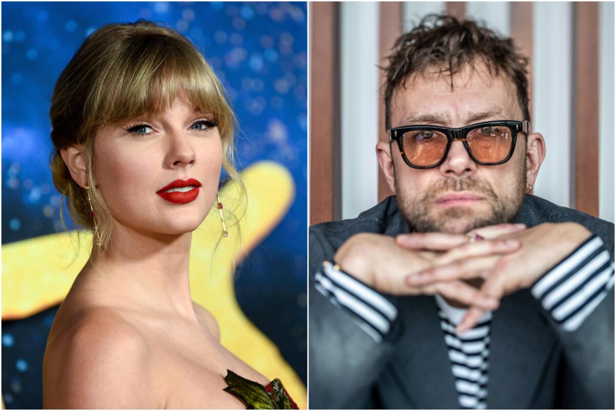 A split image of Taylor Swift, left, and Damon Albarn