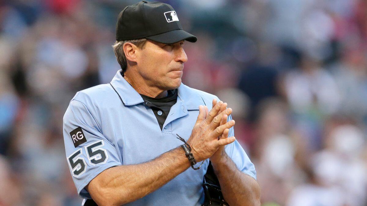 MLB umpire Angel Hernandez is seen in the first inning during a game between the Arizona Diamondbacks and the Cleveland Indians, in Phoenix on Aoril 8.