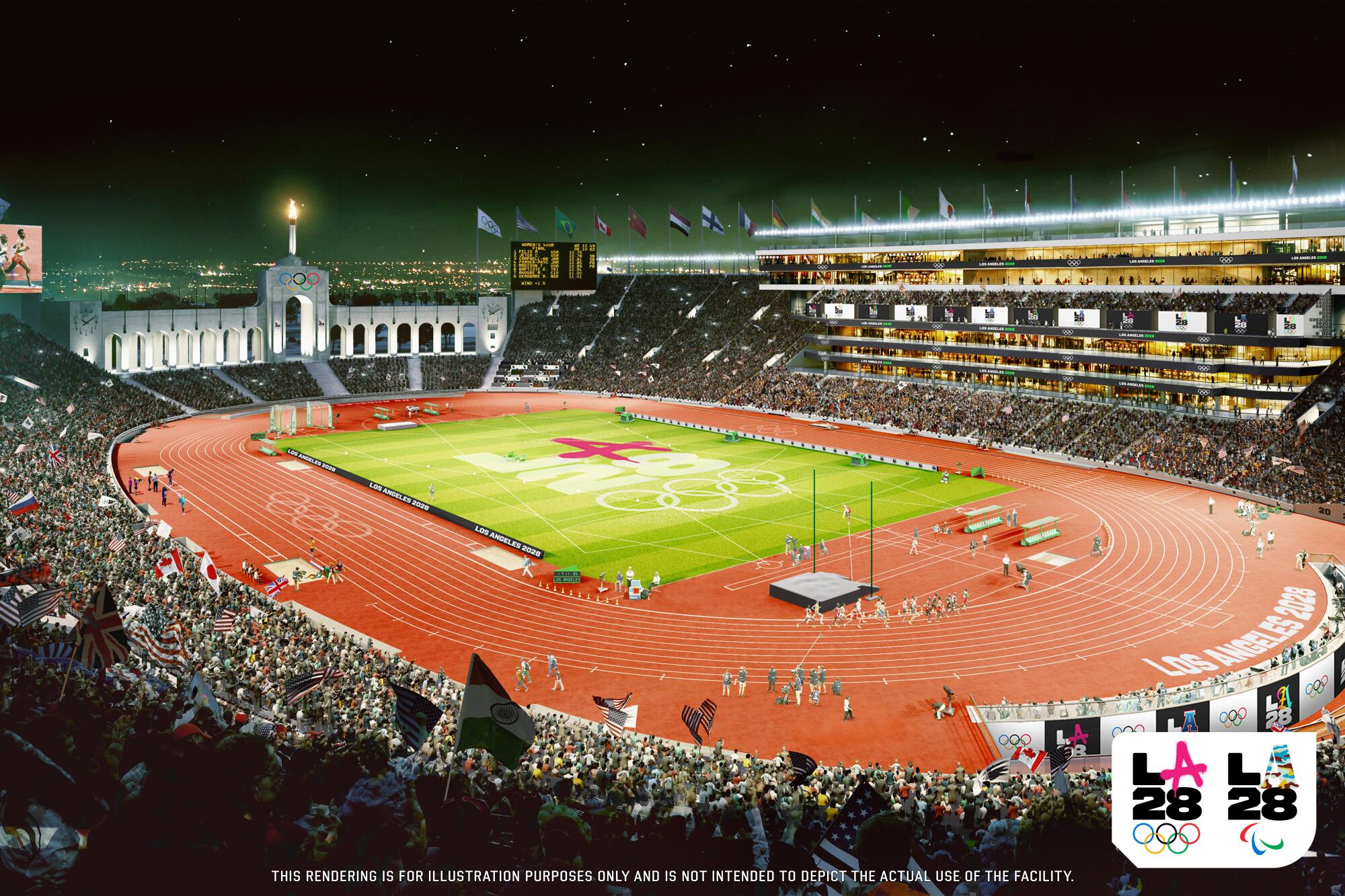 An artist's rendering depicts a crowded Los Angeles Memorial Coliseum lighted at night