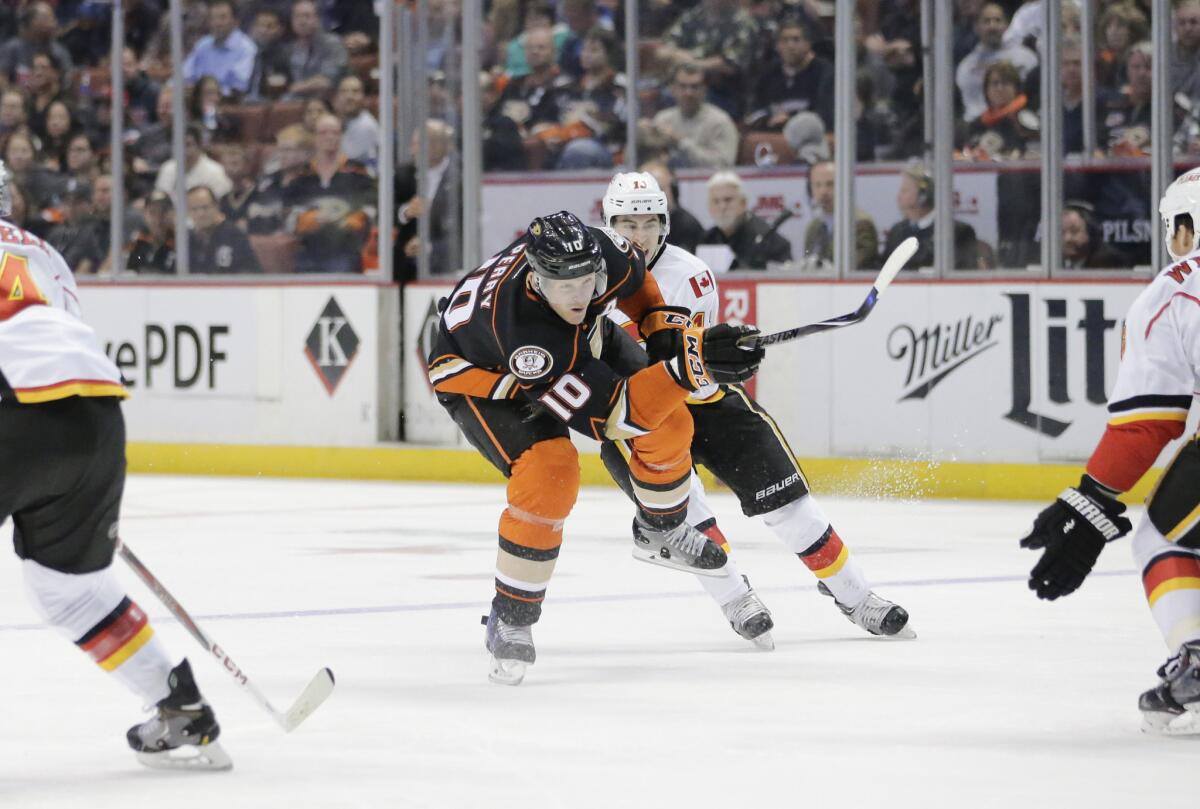 Ducks' Corey Perry shoots against the Calgary Flames on Nov. 25 at Honda Center.