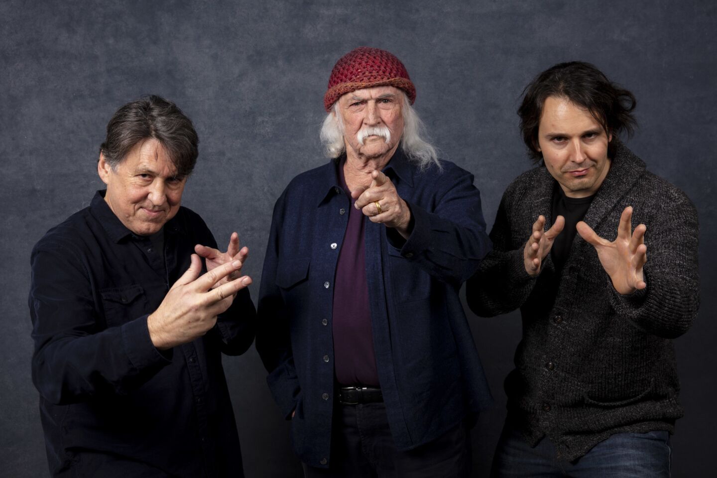Producer Cameron Crow, left, subject David Crosby and director A.J. Eaton, from the documentary "David Crosby: Remember My Name," photographed at the 2019 Sundance Film Festival in Park City, Utah, on Friday, Jan. 25.