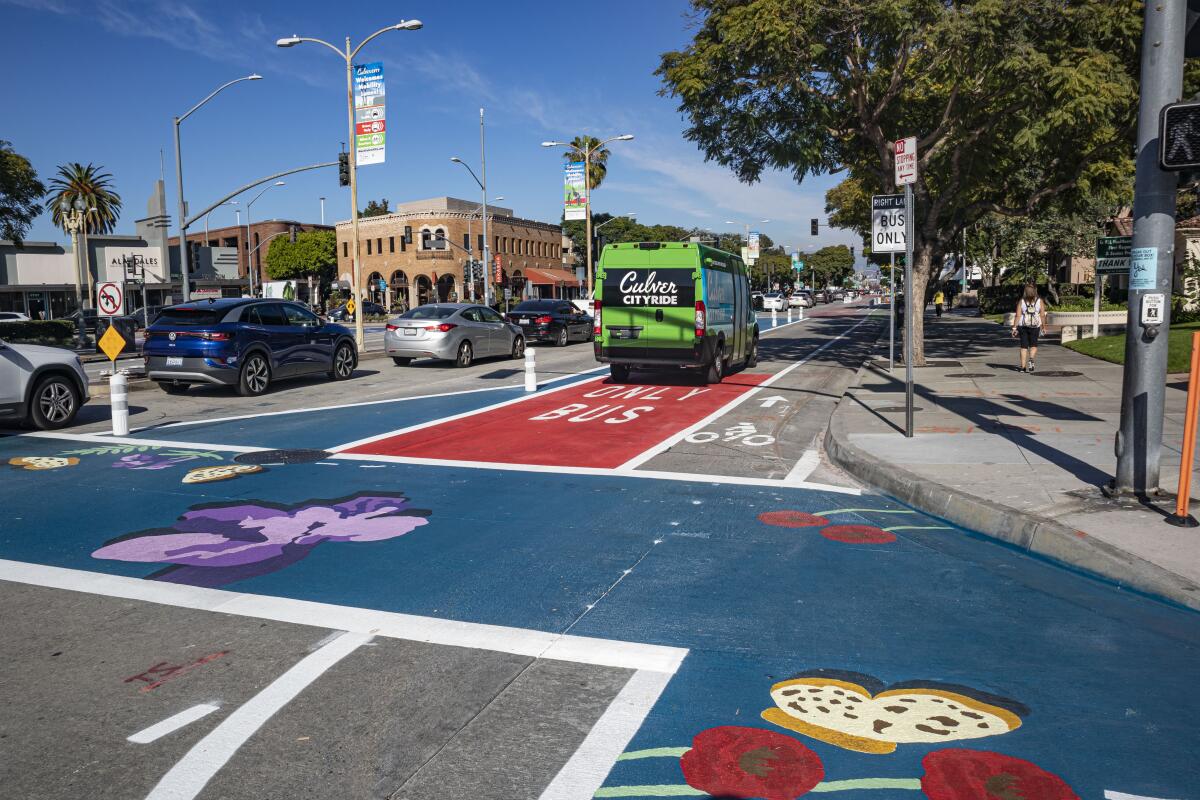 Culver City created dedicated bike lanes in each direction of a 1.3-mile downtown corridor, buffered by bus-only lanes.