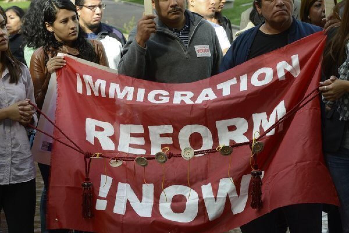Immigration reform demonstrators gather in front of Los Angeles City Hall in November.