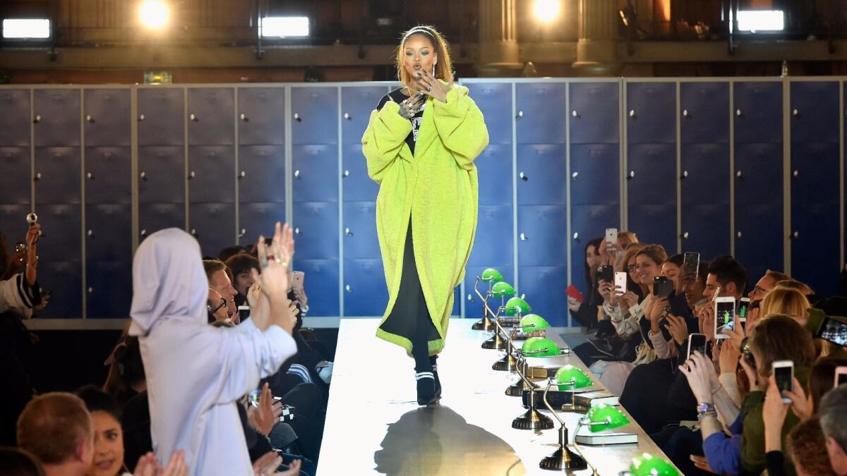 Rihanna hits the runway after the finale of her fall 2017 Fenty Puma by Rihanna show on March 6 during Paris Fashion Week.