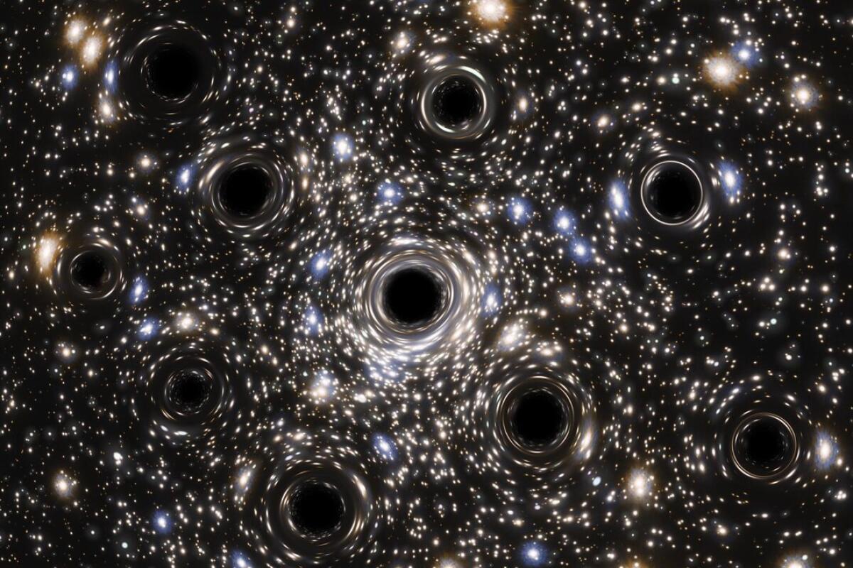 An artistic depiction of a group of black holes, each with the mass of a star.