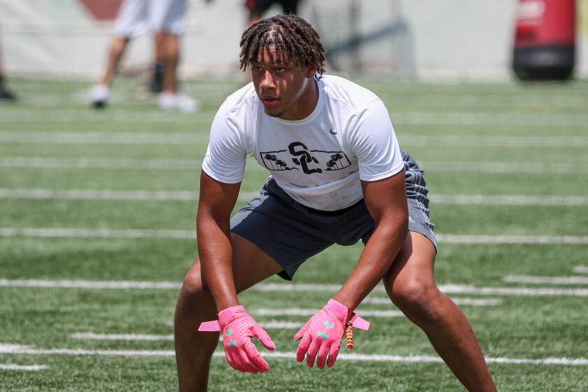 Pacifica linebacker Caleb McCullough awaits a snap during a drill at USC's Elite Camp on June 12.