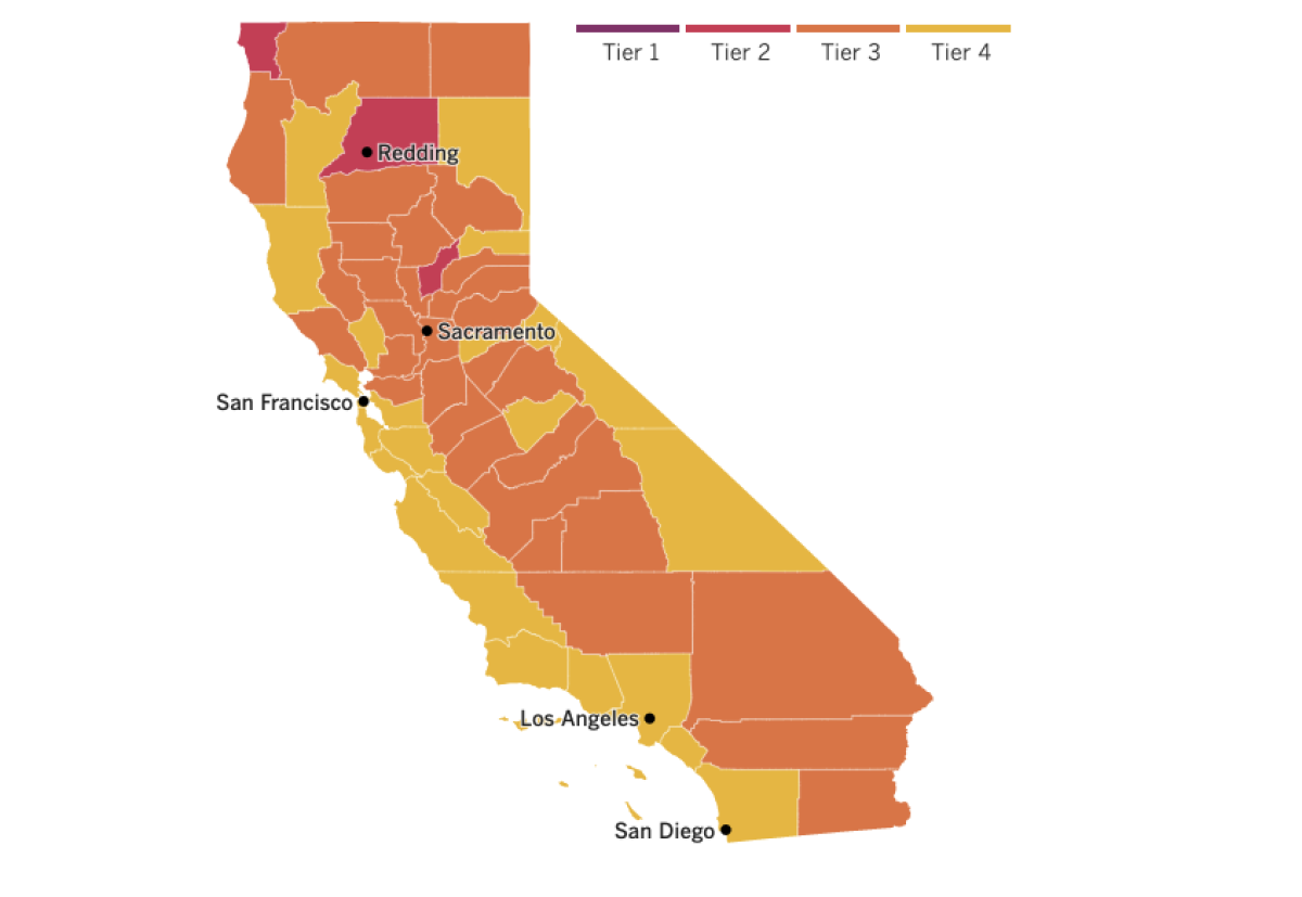 California reopening map: 24 counties in yellow (including San Diego, Santa Barbara and San Luis Obispo), 31 orange and 3 red