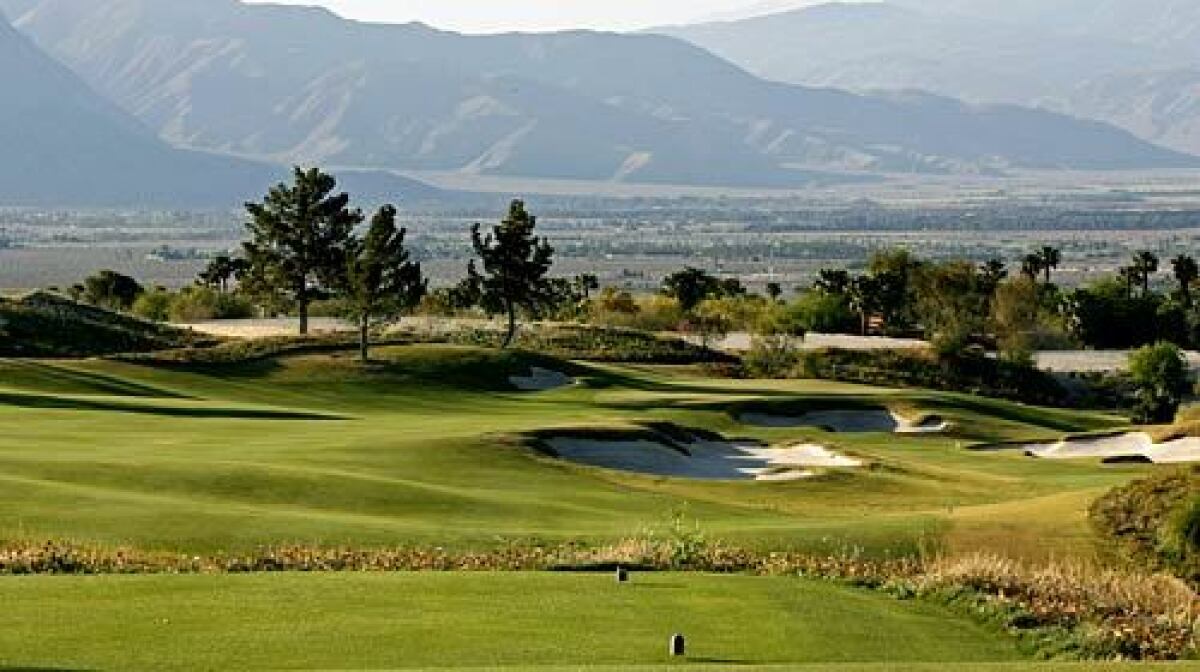 Most areas of the Montesoro golf course offer views of the town in the distant valley.