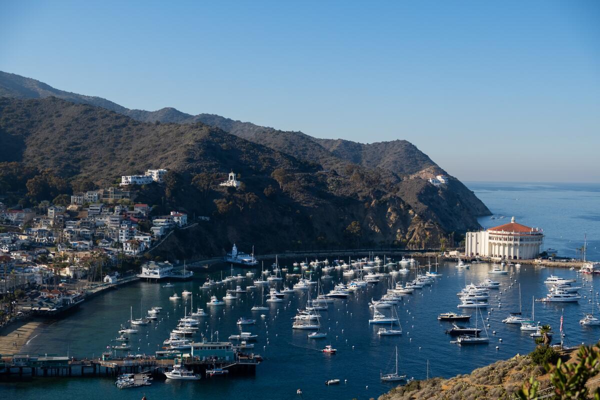 Catalina Island’s historic Casino overlooks the boats moored in Avalon Bay. 