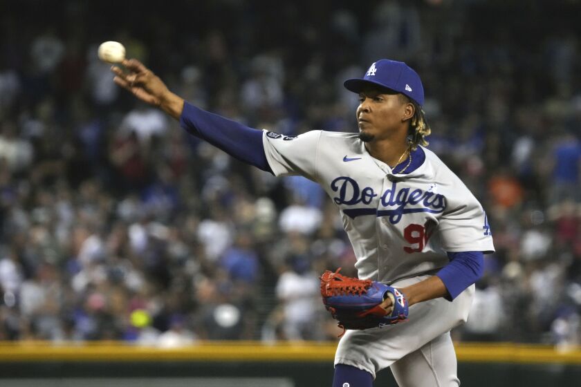 Los Angeles Dodgers pitcher Edwin Uceta in the first inning during a baseball game.