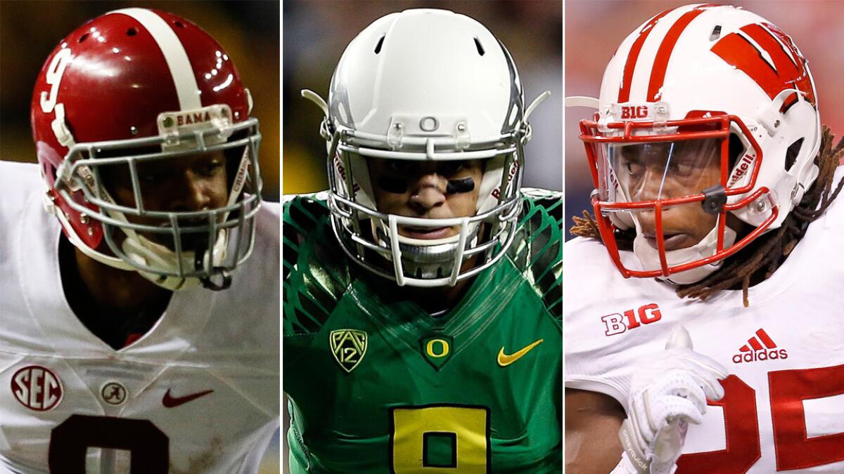 Alabama wide receiver Amari Cooper, left, Oregon quarterback Marcus Mariota, center, and Wisconsin running back Melvin Gordon have been named the finalists for the Heisman Trophy.