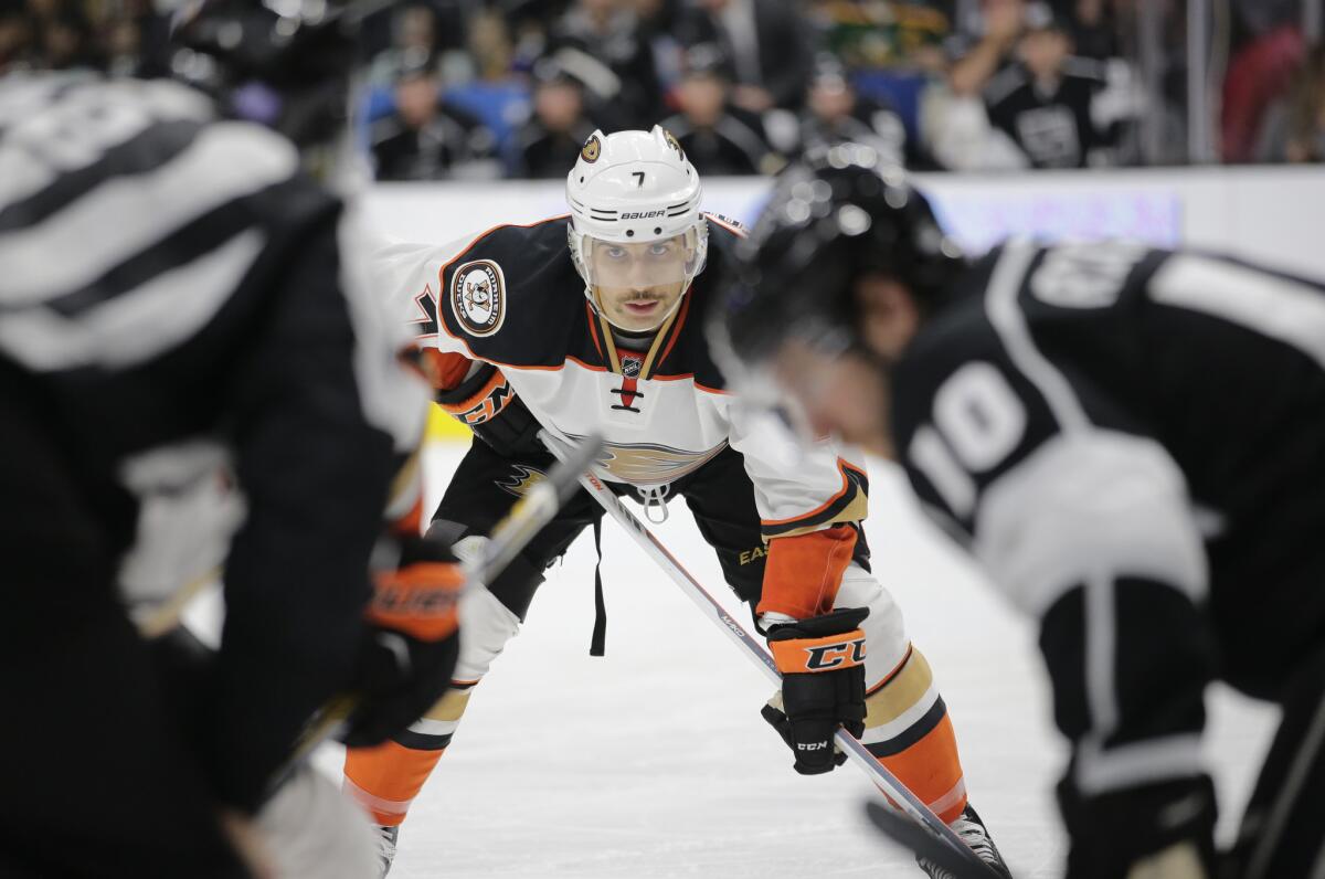 Ducks center Andrew Cogliano looks on during Anaheim's 3-2 loss to the Kings on Nov. 15.