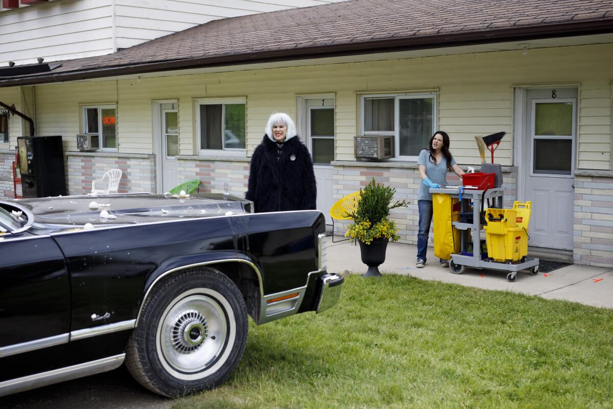 Catherine O'Hara, left, and Emily Hampshire run through their scene before filming on "Schitt's Creek." 