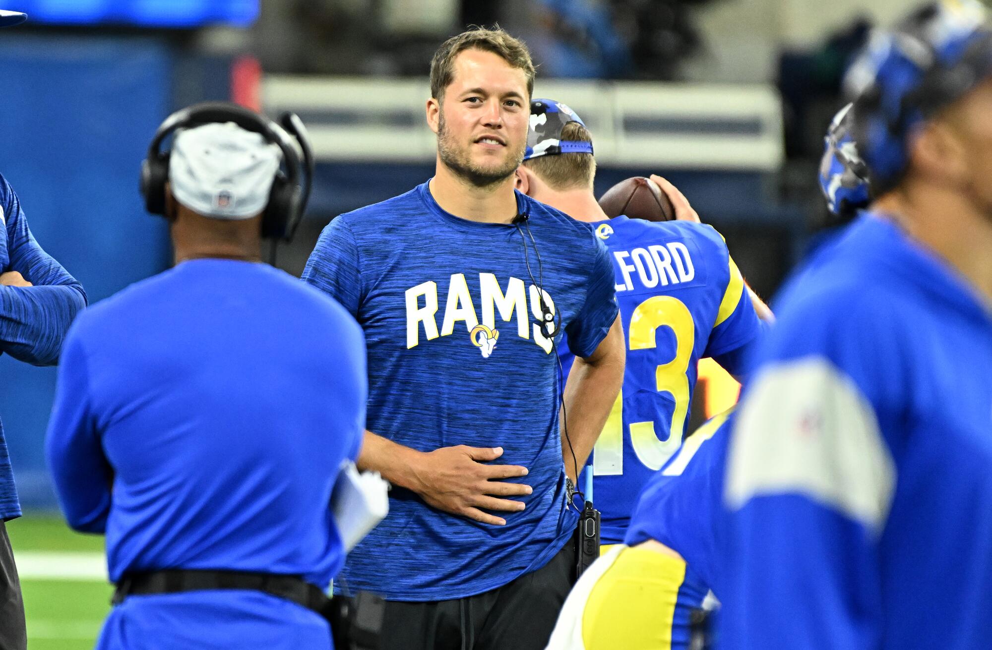 Rams quarterback Matthew Stafford watches from the sideline during a preseason game against Houston.