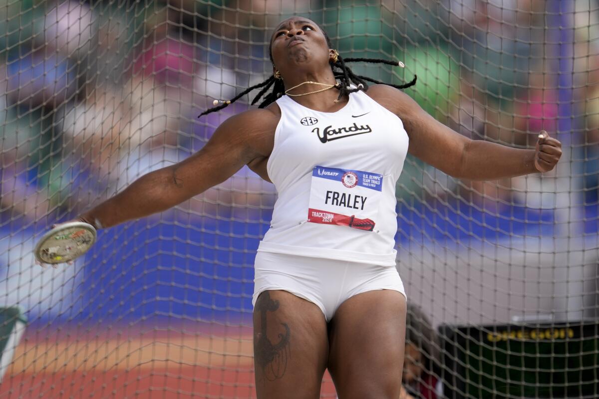 Veronica Fraley competes in the women’s discus throw final during the U.S. track and field Olympic trials.