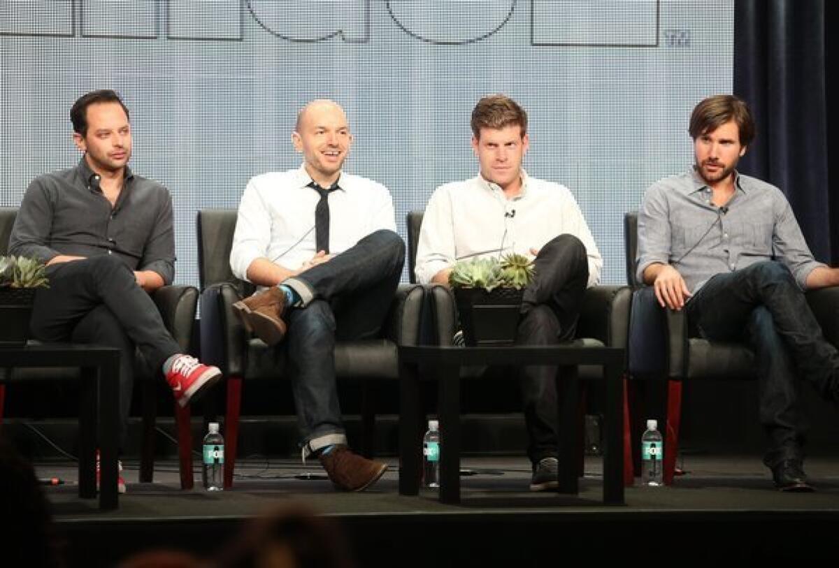 "The League" actors Nick Kroll, left, Paul Scheer, Stephen Rannazzisi, and Jon Lajoie discuss the show Friday during the FX portion of the Television Critics Assn. summer press tour in Beverly Hills.